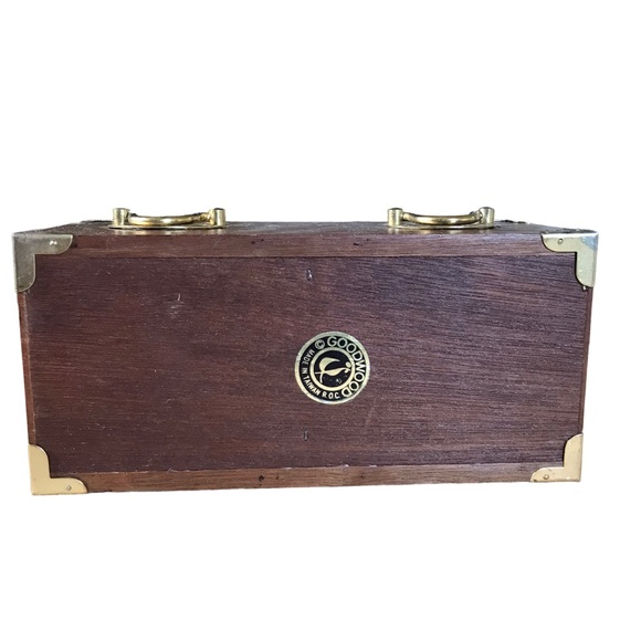 MCM Vintage Goodwood Teak Wooden Box Of 12 Wood And Cork Coasters Brass Handles - Picture 5 of 10